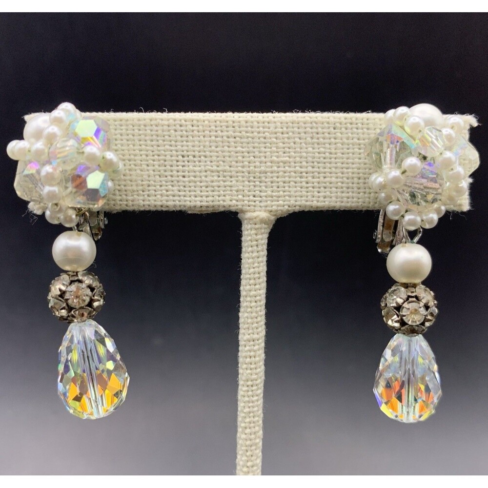 Vendome Aurora Borealis Faux Pearl Earrings Drop Dangle Rhinestone Ball Vintage